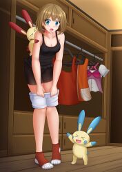 Rule 34 | 1girl, :d, ankle socks, bike shorts, black camisole, black shorts, blue eyes, blush, breasts, brown hair, camisole, cleavage, clothes hanger, clothes pull, collarbone, commission, creatures (company), game freak, gen 3 pokemon, highres, indoors, kazenokaze, leaning forward, may (pokemon), medium breasts, minun, nintendo, no shoes, open mouth, plusle, pokemon, pokemon (creature), pokemon oras, red socks, short shorts, shorts, shorts pull, sidelocks, smile, socks, standing, white shorts, wooden floor
