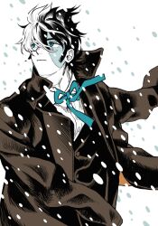 Rule 34 | 1boy, black hair, black jack (character), black jack (series), blue eyes, blue ribbon, brown coat, closed mouth, coat, coat on shoulders, collared shirt, frown, highres, long sideburns, long sleeves, looking ahead, male focus, mame moyashi, multicolored hair, neck ribbon, patchwork skin, ribbon, scar, scar on face, shirt, short hair, sideburns, simple background, snow, snowing, solo, split-color hair, stitched face, stitches, two-tone hair, upper body, white background, white hair, white shirt, wind, wing collar