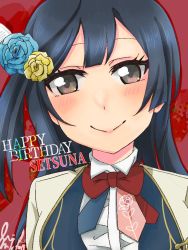 Rule 34 | 1girl, aqua flower, aqua rose, artist name, artist request, beige jacket, black hair, blue bow, blue bowtie, blue hair, blush, bow, bowtie, breasts, brown jacket, center frills, chase (love live!), close-up, collared shirt, cropped jacket, dark blue hair, dress, dress shirt, feather hair ornament, feathers, female focus, flower, flower print, frilled dress, frills, grey eyes, hair flower, hair ornament, jacket, light brown jacket, long hair, looking at viewer, love live!, love live! nijigasaki high school idol club, love live! school idol festival, nijigasaki school uniform, parted lips, pink bow, pink bowtie, ponytail, red bow, rose, school uniform, shirt, side ponytail, smile, solo, upper body, white feathers, white shirt, yellow flower, yellow jacket, yellow rose, yuki setsuna (love live!)