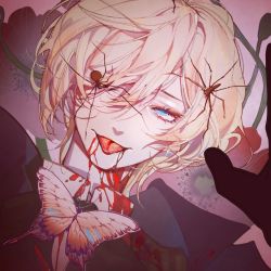 Rule 34 | 1boy, alois trancy, bishounen, blonde hair, blood, blue eyes, bug, butterfly, diffraction spikes, earrings, highres, insect, jewelry, kuroshitsuji, male focus, one eye covered, ridaokousishui, short hair, solo, spider, tongue, tongue out, trap, upper body