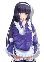 Rule 34 | 1girl, apron, black hair, black thighhighs, blue eyes, blunt bangs, blush, bridal garter, cowboy shot, dokidoki yandemic, finger to mouth, floral print, frilled thighhighs, frills, hairband, long hair, looking at viewer, maid, maid apron, mole, mole under mouth, shadow, smile, solo, standing, thighhighs, wa maid, white background, wide sleeves, zenzai, zenzai (zenzaio72), zenzaio72, zettai ryouiki