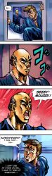 Rule 34 | 2boys, absurdres, araki hirohiko (style), balding, blue suit, business suit, caught, colored skin, commentary, english commentary, english text, formal, gary chalmers, highres, jojo no kimyou na bouken, kitchen, male focus, meme, menacing (jojo), merryweather, minster (dooke), multiple boys, necktie, seymour skinner, speech bubble, steamed hams (meme), suit, the simpsons, thought bubble, yellow skin