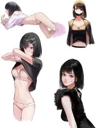Rule 34 | 1girl, absurdres, black hair, black shirt, bob cut, bra, breasts, brown eyes, chips (food), cleavage, closed mouth, clothes lift, collarbone, cropped legs, cropped torso, eating, facial mark, food, from side, hair ornament, hairclip, head tilt, highres, jacket, jacket on shoulders, lace, lace-trimmed bra, lace-trimmed panties, lace trim, looking ahead, looking at viewer, loose clothes, lying, mac star, mask, medium breasts, midriff, mouth mask, multiple views, navel, on stomach, original, panties, polka dot, polka dot panties, profile, shirt, shirt lift, shy, smile, star (symbol), star facial mark, tsurime, underboob, underwear