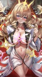 Rule 34 | 1girl, blonde hair, blue eyes, breasts, cleavage, collarbone, collared shirt, commentary, crown (naked king) (nikke), crown (nikke), disembodied hand, drill hair, goddess of victory: nikke, highres, himonoata, large breasts, long hair, looking at viewer, naked shirt, navel, official alternate costume, open clothes, open shirt, parted lips, red carpet, shirt, smile, solo, sparkle hair ornament, too many drills, walking