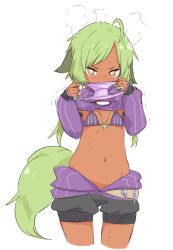 Rule 34 | 1girl, ahoge, babalilo, blonde hair, blush, covering own mouth, dark-skinned female, dark skin, detached sleeves, embarrassed, female focus, flat chest, green hair, holding, holding clothes, holding panties, holding underwear, midriff, navel, original, panties, presenting removed panties, simple background, solo, sweat, titi (babalilo), trembling, underwear, unworn panties, white background, yellow eyes