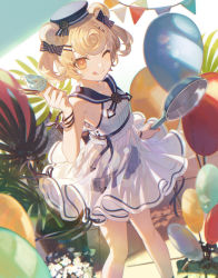 Rule 34 | 1girl, absurdres, animal ears, arknights, balloon, bare shoulders, bear ears, blonde hair, blush, candy, dress, food, frying pan, gummy (arknights), gummy (summer flowers) (arknights), hat, highres, holding, ice cream, ji mag (artist), looking at viewer, official alternate costume, one eye closed, orange eyes, plant, see-through, short twintails, skirt, solo, tongue, tongue out, twintails