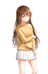 Rule 34 | 1girl, absurdres, brown hair, highres, long hair, long sleeves, original, pian717, simple background, skirt, solo, standing, sweater, thighs, white background, white skirt, yellow eyes, yellow sweater