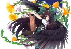 Rule 34 | 1girl, arm cannon, bad id, bad twitter id, black thighhighs, black wings, brown hair, floral background, flower, hair ribbon, long hair, looking at viewer, open mouth, outstretched arms, red eyes, reiuji utsuho, ribbon, shirt, short sleeves, skirt, smile, solo, thighhighs, touhou, touzai (poppin phl95), weapon, white background, wings