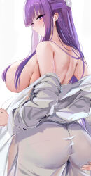 Rule 34 | 1girl, absurdres, ass, back, bare shoulders, blunt bangs, blush, breasts, closed mouth, fern (sousou no frieren), from behind, highres, large breasts, long hair, long sleeves, looking at viewer, looking back, lshiki, off shoulder, purple eyes, purple hair, solo, sousou no frieren