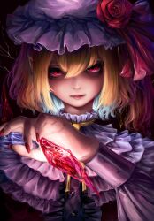 Rule 34 | 1girl, ascot, blonde hair, center frills, closed mouth, crystal, dark background, embellished costume, expressionless, flandre scarlet, flower, frilled shirt collar, frills, glowing, hair between eyes, hand up, hat, hat flower, highres, lips, long sleeves, looking at viewer, mizuhichi, mob cap, nail polish, neck ribbon, pointy ears, portrait, red eyes, red flower, red nails, red rose, ribbon, rose, simple background, solo, touhou, upper body, white hat, wings, yellow ribbon