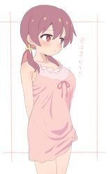 Rule 34 | 1girl, :t, arms behind back, bare arms, bare shoulders, blush, breasts, brown eyes, brown hair, cowboy shot, hair between eyes, highres, large breasts, lingerie, long hair, looking away, low twintails, multicolored hair, murosaki miyo, nightgown, onii-chan wa oshimai!, pout, red hair, simple background, sincos, solo, translation request, twintails, two-tone hair, underwear, white background