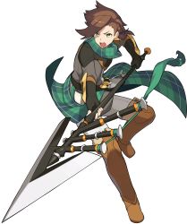Rule 34 | 1boy, aqua neckwear, armor, artist request, asymmetrical hair, bandana, black gloves, boots, braid, breastplate, brown footwear, evan (world flipper), fanny pack, fingerless gloves, full body, gloves, green eyes, grey shirt, highres, holding, holding polearm, holding weapon, leg up, looking at viewer, male focus, non-web source, official art, open mouth, outstretched arm, pants, plaid neckwear, polearm, shirt, short hair, shoulder armor, side ponytail, simple background, single braid, solo, standing, standing on one leg, teeth, thigh boots, thighhighs, transparent background, two-handed, v-shaped eyebrows, vambraces, waist cape, weapon, white pants, world flipper