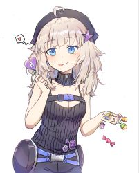 Rule 34 | 1girl, aa-12 (girls&#039; frontline), absurdres, ahoge, bags under eyes, black camisole, black headwear, black shorts, blue eyes, blush, breasts, buckle, camisole, candy, candy wrapper, cleavage, closed mouth, detached collar, food, girls&#039; frontline, hair ornament, hand up, heart, heart ahoge, highres, holding, holding food, kaoling, light brown hair, lollipop, long hair, medium breasts, ribbed camisole, shorts, simple background, snap-fit buckle, solo, spoken heart, star (symbol), star hair ornament, tongue, tongue out, turtleneck, white background