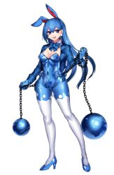Rule 34 | 1girl, :d, animal ears, azumarill, ball and chain (weapon), blue bow, blue bowtie, blue eyes, blue footwear, blue gloves, blue hair, blue jacket, blue leotard, blue pantyhose, blue ribbon, bow, bowtie, breasts, cleavage, covered navel, creatures (company), detached collar, earrings, full body, game freak, gen 2 pokemon, gloves, high heels, jacket, jewelry, katagiri hachigou, legs apart, leotard, long hair, long sleeves, medium breasts, nintendo, open clothes, open jacket, open mouth, pantyhose, personification, pokemon, rabbit ears, ribbon, shoes, simple background, smile, solo, standing, teeth, two-tone legwear, upper teeth only, white background, white pantyhose