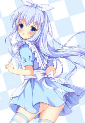Rule 34 | 1girl, :o, apron, ass, back bow, bad id, bad pixiv id, blue dress, blue eyes, blue hair, blue ribbon, blush, bow, checkered background, commentary request, dress, frilled apron, frills, gochuumon wa usagi desu ka?, hair ornament, hair ribbon, kafuu chino, kedama (kedama akaza), long hair, looking at viewer, looking to the side, parted lips, pleated dress, puffy short sleeves, puffy sleeves, ribbon, short sleeves, solo, striped clothes, striped thighhighs, thighhighs, very long hair, white apron, white bow, x hair ornament