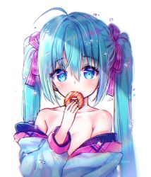 Rule 34 | 1girl, ahoge, bad id, bad pixiv id, blue eyes, blue hair, blush, bow, collarbone, covered mouth, doughnut, fingernails, food, hair between eyes, hair bow, hatsune miku, holding, holding food, long hair, long sleeves, looking at viewer, nami (nyaa), off shoulder, pink bow, puffy long sleeves, puffy sleeves, simple background, solo, striped, striped bow, twintails, very long hair, vocaloid, white background