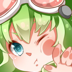 Rule 34 | 1girl, against glass, cheek squash, close-up, fourth wall, green eyes, green hair, gumi, looking at viewer, matching hair/eyes, nou (nounknown), red-tinted eyewear, short hair, solo, tinted eyewear, vocaloid, wince