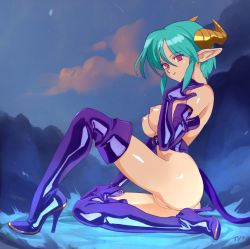 Rule 34 | 1girl, aqua hair, artist name, ass, bad id, bad twitter id, boots, breasts, carrera, cleft of venus, cloud, commentary, demon girl, elbow gloves, english commentary, full body, gloves, high heel boots, high heels, highres, horns, large breasts, looking at viewer, nipples, no pupils, nude, on ground, optionaltypo, outdoors, pointy ears, purple footwear, purple gloves, pussy, red eyes, short hair, sitting, smile, solo, tail, thigh boots, thighhighs, viper, viper gts