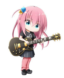 Rule 34 | 1girl, black shirt, blue eyes, bocchi the rock!, closed mouth, clothes writing, cube hair ornament, electric guitar, full body, gotoh hitori, grey skirt, guitar, hair between eyes, hair ornament, highres, holding, holding instrument, instrument, kuena, long hair, looking away, looking down, pants, pants under skirt, pink hair, pink pants, pleated skirt, shirt, short sleeves, simple background, skirt, solo, standing, track pants, very long hair, white background
