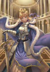Rule 34 | &gt;:), 1girl, ahoge, armor, artoria pendragon (all), artoria pendragon (fate), blonde hair, blue dress, cape, closed mouth, column, crown, dated, dress, excalibur (fate/stay night), fate (series), fur trim, gauntlets, green eyes, hand on hilt, hand on own shoulder, highres, holding, holding sword, holding weapon, hooh lin, indoors, long dress, long sleeves, looking at viewer, medium hair, pillar, plate armor, saber (fate), signature, smile, solo, standing, sword, v-shaped eyebrows, weapon