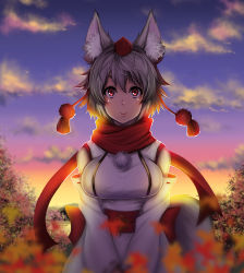 Rule 34 | animal ears, autumn leaves, bare shoulders, breasts, detached sleeves, hat, highres, inubashiri momiji, large breasts, looking at viewer, naolan, nature, obi, pom pom (clothes), red eyes, red scarf, sash, scarf, short hair, silver hair, sky, smile, solo, standing, tail, tokin hat, touhou, wolf ears, wolf tail