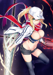 Rule 34 | 1girl, ahoge, ankle boots, armor, artoria pendragon (fate), artoria pendragon (lancer) (fate), baseball cap, black footwear, black thighhighs, blonde hair, blue panties, boots, breasts, bursting breasts, cleavage, cleavage cutout, closed mouth, clothing cutout, cosplay, crop top, cross-laced footwear, dark rhongomyniad, dual wielding, fate/grand order, fate (series), from above, glowing, green eyes, groin, hair between eyes, hat, hip bones, holding, holding weapon, jacket, knee up, kodama yuu, lace-up boots, lance, large breasts, leg up, legs, long hair, looking at viewer, midriff, mysterious heroine x (fate), mysterious heroine x (fate) (cosplay), navel, open clothes, open fly, open jacket, open shorts, panties, polearm, ponytail, red scarf, rhongomyniad (fate), rojiura satsuki: chapter heroine sanctuary, scarf, short shorts, shorts, sidelocks, skindentation, sleeves past elbows, solo, spear, standing, standing on one leg, stomach, thighhighs, thighhighs under boots, thighs, track jacket, ultra heroine z (fate), unbuttoned, underwear, weapon, white hat, white jacket
