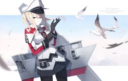 Rule 34 | 10s, 1girl, adjusting clothes, adjusting gloves, animal, bird, black gloves, black pantyhose, blonde hair, blue eyes, breasts, capelet, character name, closed mouth, cloud, cowboy shot, cross, cross print, day, dutch angle, ello, female focus, gloves, graf zeppelin (kancolle), hair between eyes, hat, highres, iron cross, jacket, kantai collection, large breasts, light frown, long hair, long sleeves, looking at viewer, machinery, miniskirt, necktie, pantyhose, peaked cap, pleated skirt, sidelocks, skirt, sky, solo, twintails