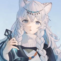Rule 34 | 1girl, animal ear fluff, animal ears, arknights, bell, blue sky, blush, braid, chinese commentary, circlet, commentary request, day, holding, holding bell, jewelry, kuiqiu kq, leopard ears, long hair, looking at viewer, necklace, outdoors, parted lips, pramanix (arknights), silver hair, sky, smile, solo, turtleneck, twin braids