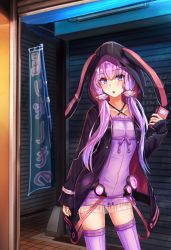 Rule 34 | 1girl, :o, absurdres, animal hood, black jacket, cellphone, collarbone, dress, eyes visible through hair, highres, holding, holding phone, hood, hood up, hooded jacket, jacket, long hair, long sleeves, lukky clover, open clothes, open jacket, open mouth, phone, purple dress, purple eyes, purple hair, purple thighhighs, rabbit hood, short dress, sleeves past wrists, smartphone, smartphone case, solo, thighhighs, twintails, very long hair, vocaloid, voiceroid, yuzuki yukari, zettai ryouiki