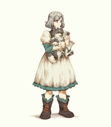 Rule 34 | 1girl, absurdres, aged down, animal, artist name, blue eyes, boots, brown footwear, closed mouth, commentary, dog, dress, english commentary, final fantasy, final fantasy xvi, foxmonaut77, full body, green socks, grey hair, high collar, highres, holding, holding animal, jill warrick, juliet sleeves, long sleeves, looking to the side, puffy sleeves, short hair, simple background, socks, standing, swept bangs, torgal (ff16), white dress, yoshida akihiko (style)