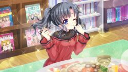Rule 34 | 1girl, black hair, black shirt, blue eyes, book, bookshelf, bowl, chopsticks, collarbone, cup, dot nose, dress, drinking glass, film grain, finger to mouth, food, food request, game cg, holding, holding chopsticks, itsumura yukari, izumi tsubasu, juice, long sleeves, magazine (object), mushroom, napkin, non-web source, off-shoulder dress, off shoulder, official art, one eye closed, orange juice, puffy long sleeves, puffy sleeves, re:stage!, round table, rug, shiitake, shirt, smile, solo, spaghetti strap, sparkle, table, two side up, vegetable, wooden floor