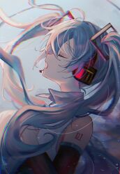 Rule 34 | 1girl, :o, amane 624517, bare shoulders, black sleeves, blue hair, closed eyes, collared shirt, detached sleeves, floating hair, frilled shirt, frills, from side, glitch, hair between eyes, hatsune miku, headset, highres, long sleeves, microphone, number tattoo, open mouth, profile, shirt, sleeveless, sleeveless shirt, solo, tattoo, twintails, upper body, vocaloid, white shirt
