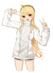 Rule 34 | 1girl, :d, absurdres, ahoge, aran sweater, black shorts, blonde hair, cable knit, cropped legs, double v, dress, hamburger hat, hands up, hat, highres, jingburger, long hair, long sleeves, looking at viewer, open mouth, red eyes, ribbed sweater, shorts, simple background, smile, solo, sweater, sweater dress, thighs, v, very long hair, virtual youtuber, waktaverse, white background, white sweater, ziro (zirorong)