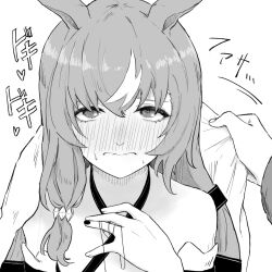 Rule 34 | 1girl, animal ears, blush, breasts, closed mouth, collared shirt, commentary request, fingernails, hair ornament, highres, horse ears, horse tail, long hair, looking at viewer, monochrome, pov, pov hands, shirt, still in love (umamusume), string, string of fate, tail, umamusume, veil, wakita otk