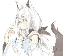 Rule 34 | 1girl, abara heiki, ahoge, animal ear fluff, animal ears, blue eyes, blush, detached sleeves, fox ears, fox shadow puppet, fox tail, from side, hololive, long hair, long sleeves, looking away, open mouth, profile, ribbon-trimmed sleeves, ribbon trim, shirakami fubuki, shirakami fubuki (1st costume), simple background, solo, tail, virtual youtuber, white background, white hair