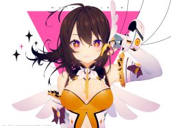 Rule 34 | + +, 1girl, ahoge, artist name, bare shoulders, between breasts, black hair, bow, breasts, brown eyes, cable, character name, closed mouth, copyright name, elbow gloves, fingerless gloves, fingernails, floating hair, frills, gloves, gradient eyes, hair between eyes, hand on headphones, hand up, head wings, headphones, highres, looking at viewer, medium breasts, multicolored eyes, muta, nail polish, prophet chu, purple eyes, ribbon, sleeveless, smile, solo, sparkle, symbol-shaped pupils, underwear, watermark, web address, white background, white wings, wings, yan xi, yellow nails, yellow ribbon