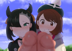 Rule 34 | 2girls, anatto, artist name, black hair, black jacket, blue sky, blush, brown eyes, brown hair, creatures (company), earrings, erection, futa with futa, futanari, game freak, gloria (pokemon), green eyes, hair ornament, hair over one eye, happy, hat, hood, hoodie, huge penis, implied masturbation, jacket, jewelry, large penis, looking at penis, marnie (pokemon), masturbation, medium hair, multiple girls, multiple penises, necklace, newhalf, newhalf with newhalf, nintendo, outdoors, penis, penis milking, penises touching, pokemon, pokemon swsh, ponytail, pov, side ponytail, sky, smile, standing, teeth, twintails, two-tone shirt, uncensored