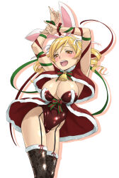 Rule 34 | 1girl, animal ears, armpits, arms up, bell, black thighhighs, blonde hair, blush, breasts, capelet, christmas, cleavage, drill hair, fake animal ears, fur trim, garter straps, green ribbon, highleg, highleg leotard, highres, large breasts, leotard, long hair, looking at viewer, mahou shoujo madoka magica, mahou shoujo madoka magica (anime), open mouth, playboy bunny, rabbit ears, red leotard, red ribbon, ribbon, santa costume, simple background, smile, solo, strapless, strapless leotard, thighhighs, tomoe mami, twin drills, twintails, white background, yellow eyes, you2