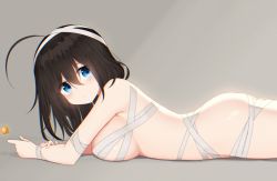 Rule 34 | 1girl, ahoge, arm support, ass, back, bad id, bad pixiv id, bandages, bandages, black hair, blue eyes, blush, breasts, candy, closed mouth, commentary request, food, from side, holding, holding food, light frown, lollipop, looking at viewer, lycorisia elle, lying, medium breasts, naked bandage, nerisan, on stomach, original, sideboob, solo, thighs