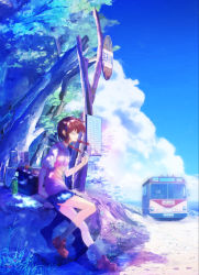 Rule 34 | 1girl, bottle, bug, bus, bus stop, butterfly, cloud, day, digital media player, glasses, highres, insect, inzanaki, motor vehicle, original, scenery, shoes, sign, skirt, sky, socks, summer, vehicle