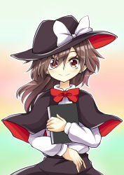 Rule 34 | 1girl, black capelet, black hat, black skirt, book, bow, bowtie, brown hair, capelet, dr.latency&#039;s freak report, fedora, hair between eyes, hat, hat bow, highres, holding, holding book, keyaki chimaki, looking at viewer, red bow, red bowtie, shirt, skirt, solo, touhou, upper body, usami renko, white bow, white shirt