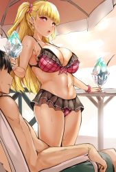 Rule 34 | 1boy, 1girl, absurdres, agetama, bikini, bikini skirt, blonde hair, blunt bangs, blush, breasts, chair, cleavage, collarbone, cup, day, hair ornament, hair scrunchie, highres, holding, holding cup, large breasts, long hair, looking at viewer, lounge chair, navel, open mouth, outdoors, red eyes, scrunchie, sitting, stomach, sweat, swimsuit, table, thighs, tokyo 7th sisters, two side up, uesugi u. kyouko, umbrella