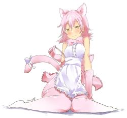 Rule 34 | 10s, 1girl, animal ears, apron, aranagi (arng 4401), bare shoulders, blush, bow, bowtie, cat ears, cat tail, frills, gloves, holding strap, kemono friends, peach panther (kemono friends), pink hair, pink thighhighs, sitting, solo, tail, tail bow, tail ornament, thighhighs