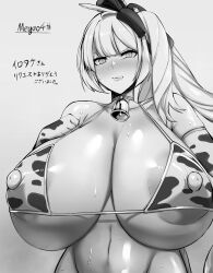 Rule 34 | 1girl, angry, animal print, areola slip, bell, breasts, cow print, cowbell, elbow gloves, fate/grand order, fate (series), gigantic breasts, gloves, greyscale, highres, huge breasts, large areolae, looking at viewer, marie antoinette (alter) (fate), marie antoinette (fate), megao 3rd, monochrome, neck bell, nipples, sweat, translation request