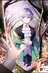 Rule 34 | 1boy, blue eyes, cento (saibai shounen), coat, flower, formal, frown, jacket, long sleeves, looking at viewer, male focus, official art, open mouth, parted lips, pov, reaching, reaching towards viewer, saedle, saibai shounen, second-party source, short hair, solo, suit jacket, white hair
