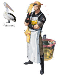 Rule 34 | 1boy, absurdres, animal, apron, backwards hat, basket, beard, bird, black footwear, boots, brown hair, butcher knife, crab, facial hair, gloves, hat, highres, holding, holding knife, knife, male focus, one eye closed, original, pelican, personification, rinotuna, simple background, smile, solo, standing, white apron, white background
