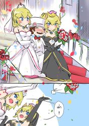 Rule 34 | 1boy, 2girls, alternate costume, bare shoulders, black dress, blonde hair, blue eyes, blush stickers, bouquet, bowsette, cleavage cutout, clothing cutout, comic, dress, earrings, faceless, flower, formal, happy, hat, horns, husband and wife, husband and wives, jewelry, long hair, mario (series), multiple girls, new super mario bros. u deluxe, nintendo, outdoors, pink dress, piranha plant, ponytail, princess peach, princess peach (wedding), sesield, short hair, smile, stairs, strapless, strapless dress, suit, super crown, top hat, tossing, wedding dress, white hat, white suit