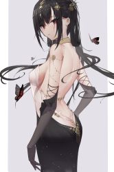 Rule 34 | 1girl, ass, azur lane, backless dress, backless outfit, bare shoulders, black dress, black gloves, black hair, breasts, brown choker, bug, butt crack, butterfly, chen hai (azur lane), choker, circlet, cowboy shot, dress, elbow gloves, frilled gloves, frills, from side, gloves, grey background, hair rings, highres, insect, long hair, looking at viewer, looking to the side, medium breasts, ningri (lianyungangwyz), outside border, parted lips, pillarboxed, red eyes, see-through, sideboob, simple background, solo, very long hair