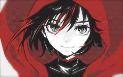 Rule 34 | 1girl, bad id, bad pixiv id, black hair, cloak, high collar, highres, hood, hooded cloak, looking at viewer, monochrome, multicolored hair, ookubo akashi, osushi red, patterned, portrait, red hair, ruby rose, rwby, short hair, grey eyes, smile, solo, spot color, two-tone hair