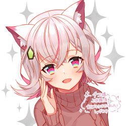 Rule 34 | 1girl, animal ear fluff, animal ears, cat ears, colored inner hair, commission, hair between eyes, hair ornament, hand up, highres, jugemu (qqkyon), kogure piyoko, medium hair, multicolored eyes, multicolored hair, open mouth, pink eyes, rainbow eyes, silver hair, skeb commission, smile, solo, star (symbol), sweater, two-tone hair, upper body, virtual youtuber, wactor production, white background